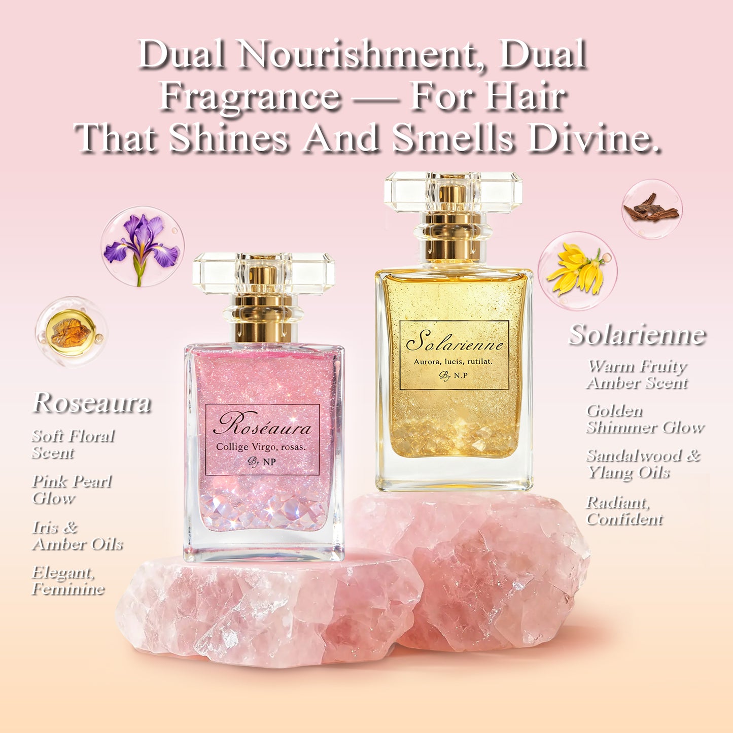 【BAZAAR RECOMMEND 2025】Roséaura Crystal Hair Perfume Serum | Rose Quartz for Attraction & Feminine Power | Citrine for Wealth & Success | Luxury Brand-Inspired Fragrance | Floral & Fruity Notes | Non-Greasy, Nourishing Hair Oil | 50ml